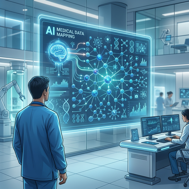 Medical infographic showing AI algorithms processing electrical heart signals