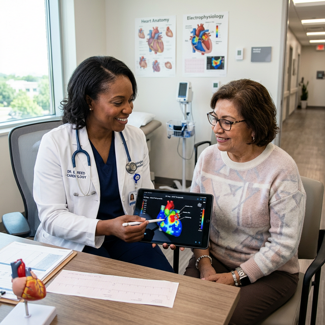 Cardiologist reviewing an AI-generated heart map with a patient
