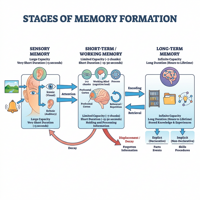 Diagram illustrating the stages of memory formation including sensory, short-term, and long-term memory