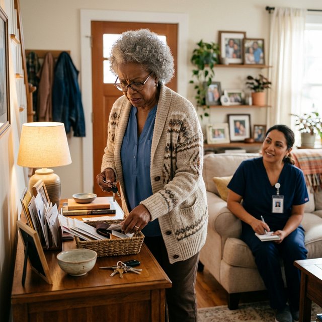 Older adult searching for misplaced keys in a home setting to illustrate declining memory and cognitive challenges