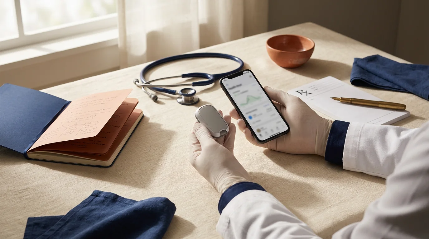 جهاز المراقبة المستمرة للغلوكوز دكسكوم جي 8 (Dexcom G8 CGM): الجيل القادم من المراقبة الفورية للغلوكوز وتأثيره على الصحة الأيضية — editorial illustration