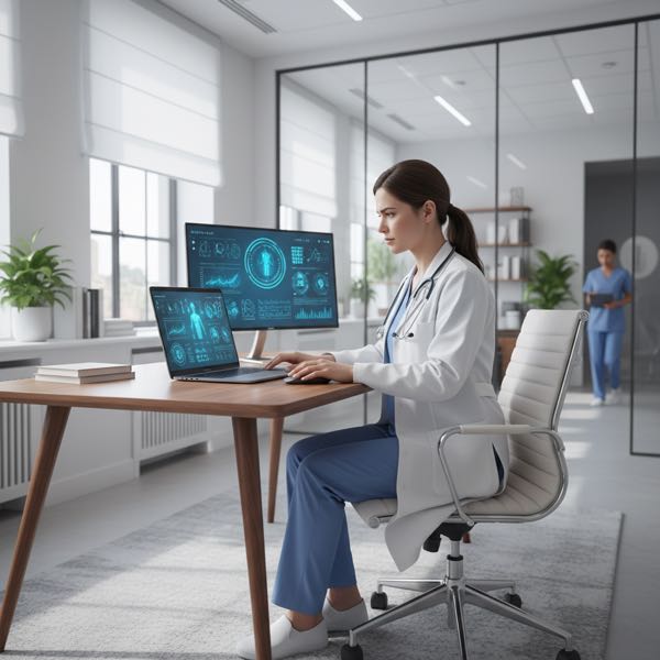 Physician reviewing AI-assisted clinical data in a modern hospital office