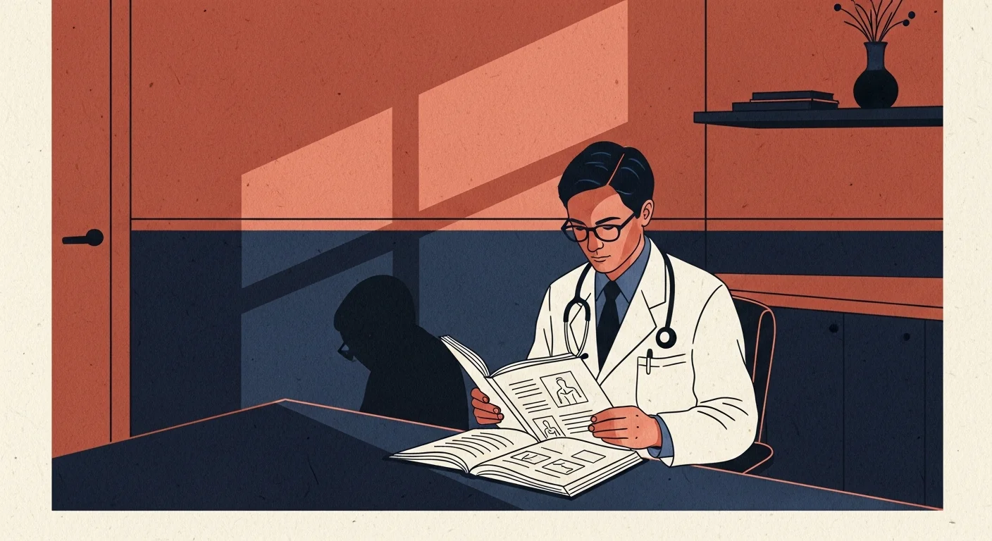 Physician reviewing clinical AI evidence and healthcare research